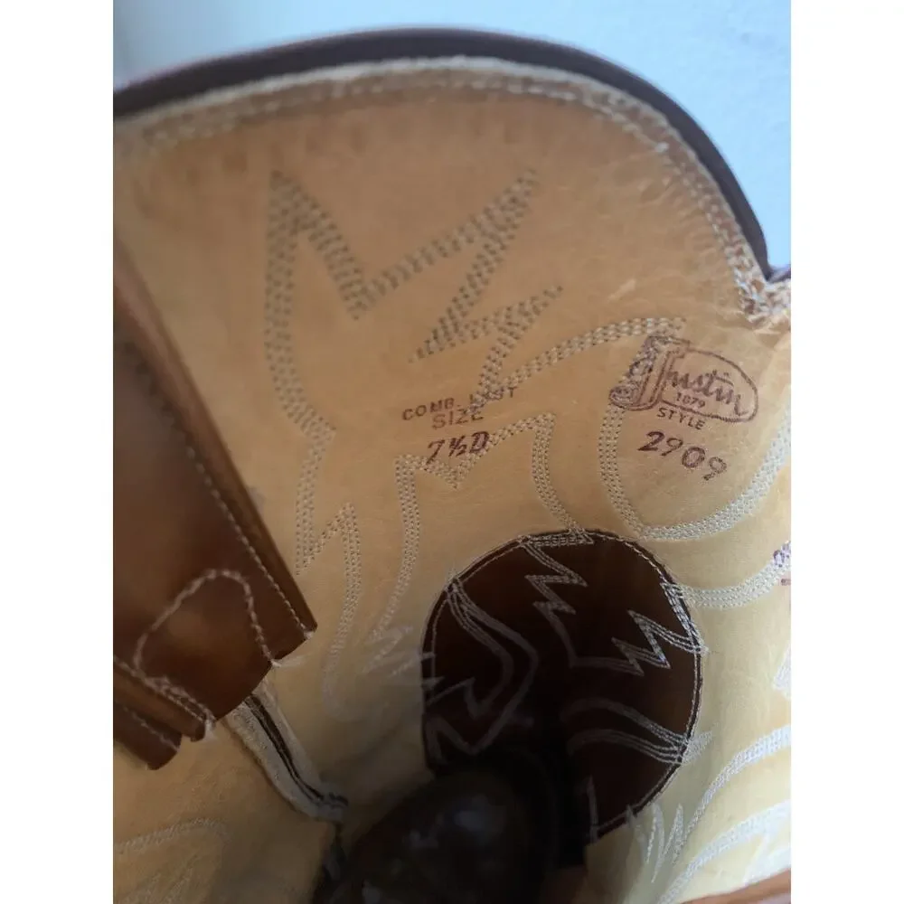 Vintage Justin Boots Mens 7 1/2 D Brown Leather Embroidered Cowboy Western 2909